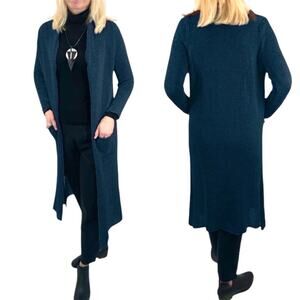 B & K Moda Long Duster Cardigan Sweater Teal Knit Size L